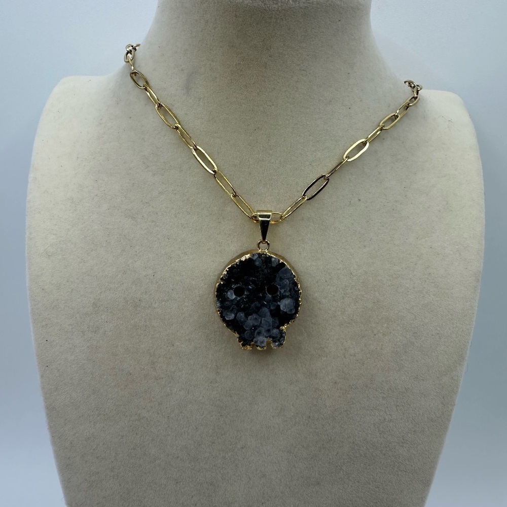 Druzy Amethyst Skull Pendant with Gold Plated Siding on Stainless Steel Chain - Picture 5 of 9